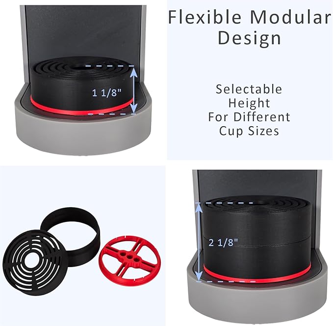 Elevate Anti-Splash Cup Riser Accessory for most Keurig K-cup, Cuisinart Single Serve, and other Coffee Makers, Adjustable for Cup Size and Drip Tray Type (Black with Red Base)