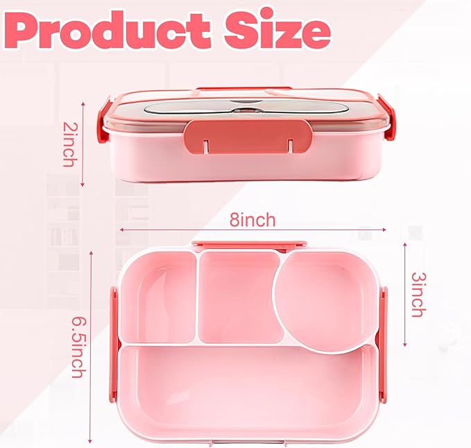 Bento Box for Adults,4 Compartments Lunch Box, Snack Containers Reusable Lunch Containers Drop-Proof, Dishwasher Safe & Made with BPA-Free Materials, Pink