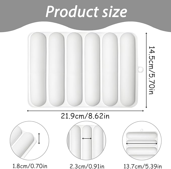 Silicone Eclair Mold, 6-Cavity Hot Dog Bun Pan, Finger Biscuit Baking Tray for Chocolate Cracker Bar, White, Set of 2