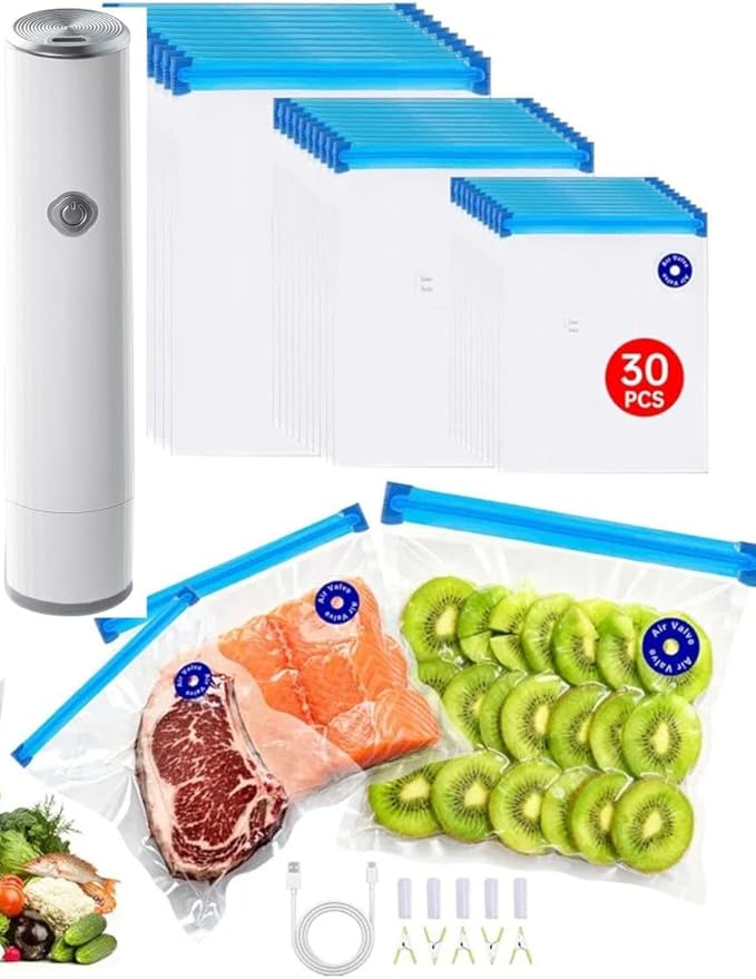 Vacuum Sealer for Food - Powerful Handheld Vacuum Sealer Machine + 30 Reusable Vacuum Bags, Featuring LED Pressure Display, Portable Food Sealer for Freshness and Preservation