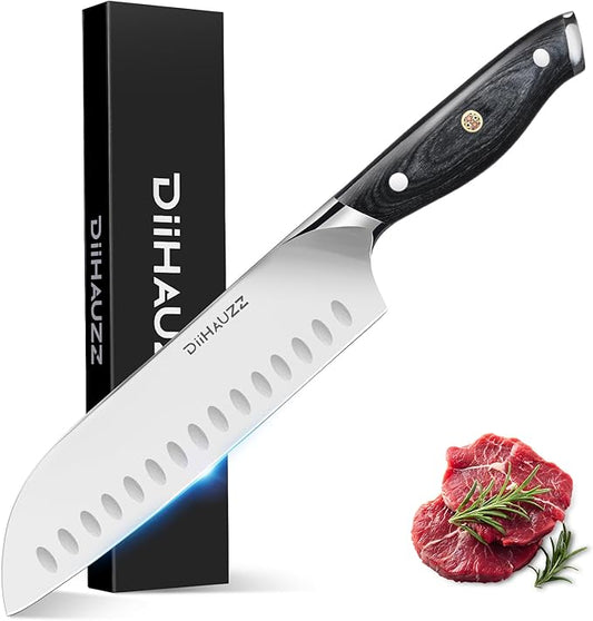 Chef Knife, 7 Inch Ultra Sharp Japanese Santoku Knife, High Carbon Steel Forged Professional Kitchen Knife with Full Tang Triple-Riveted Ergonomic Handle for Slicing, Chopping, Dicing