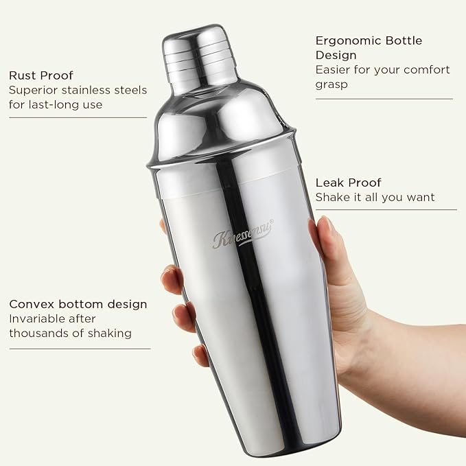 Cocktail Shaker, KITESSENSU 24oz Drink Shaker with Bartender Strainer, Measuring Jigger, Bar Mixing Spoon, Cocktail Recipe Guide, Professional Drink Mixer Set for Beginners, Silver