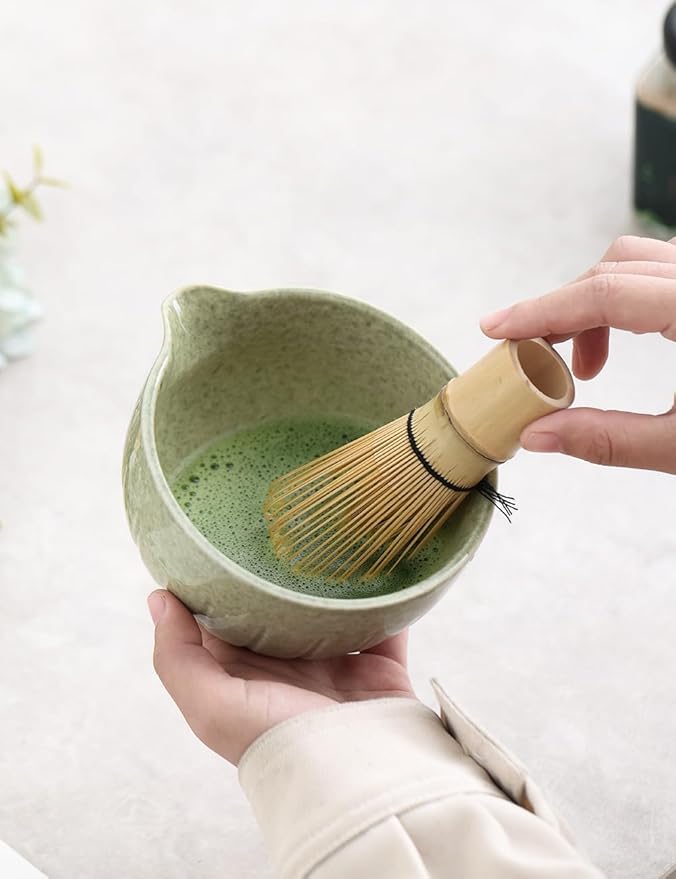 TANG PIN Matcha Set - Match Bowl and Whisk, 15 OZ, Matcha Scoop | Matcha Whisk Stand (Chasen Holder) - 5pc Perfect Matcha Kit for Matcha Tea Ceremony (Mottled Green)
