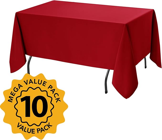 10-Pack Red Tablecloths for Rectangle Tables, 60 x 120 Inches, Stain-Resistant Polyester Fabric for 6 Foot Tables - Washable Table Covers for Weddings, Banquets, Birthday Parties, Events