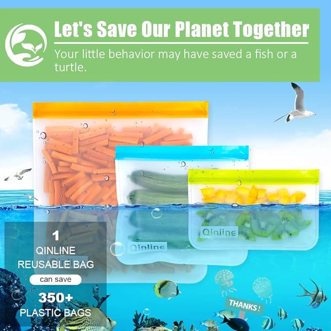 Qinline Reusable Food Storage Bags - 24 Pack Freezer Extra Thick Leakproof Lunch Bag - 8 Gallon 8 Sandwich 8 Snack Bags