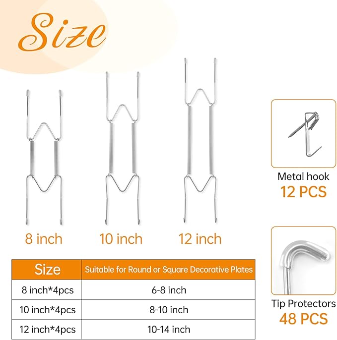Bilillo 12 Pieces Invisible Wall Plate Hangers 8/10/12 Inches Wall Plate Hangers Stainless Steel Decorative with 12 Pieces Hook with Nails Suitable for 6-14 inch Decorative Antique and Arts(Silver)