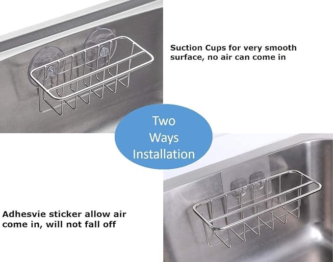 TESOT Sink Caddy Sponge Holder for Kitchen Sink Dish Cloth Hanger 2 Suspension Options(Suction Cups and Adhesive Hook), SUS304 Stainless Steel, Silver