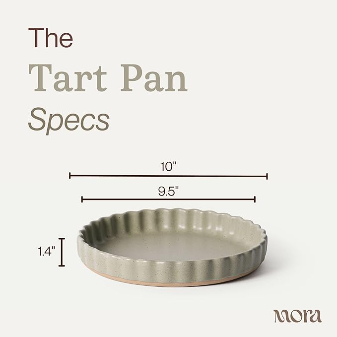 MORA Ceramic Tart Pan, 9.5 Inch Large Porcelain Baking Dish for Tarts, Quiche, Pie, Flan etc. Fluted Ruffled Edge, Oven, Microwave, Freezer, and Dishwasher safe - Great Gift For Bakers - Thyme