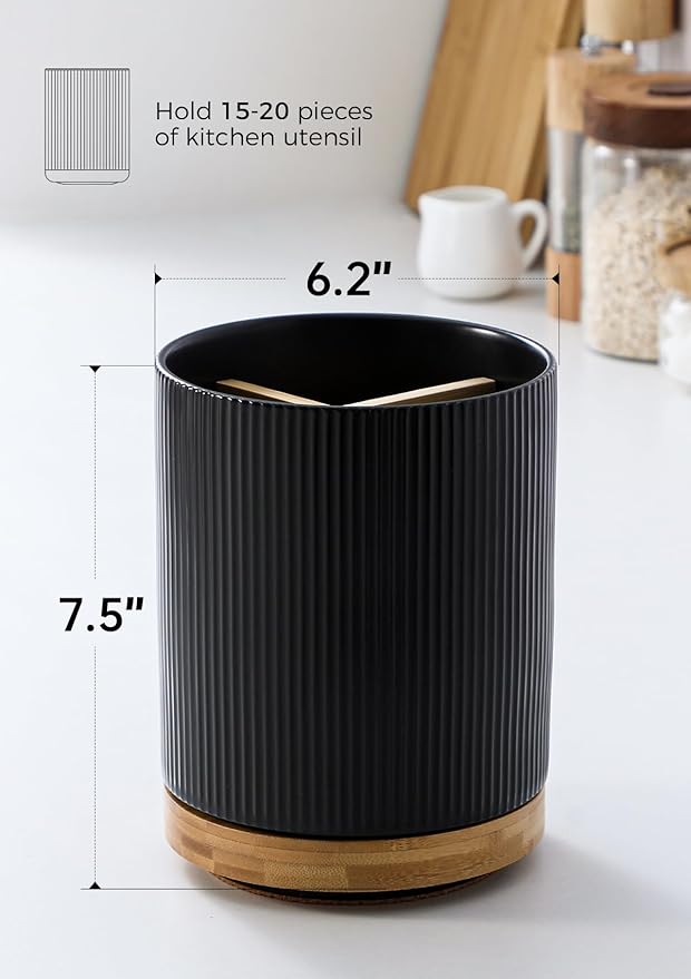 LoeJan 3 Compartment Utensil Holder, Extra Large Utensil Crock, Stable Ceramic Utensil Organizer, Cooking Tool Organizer Set for Kitchen Counter Farmhouse Decor (B-Black(Vertical Stripe))