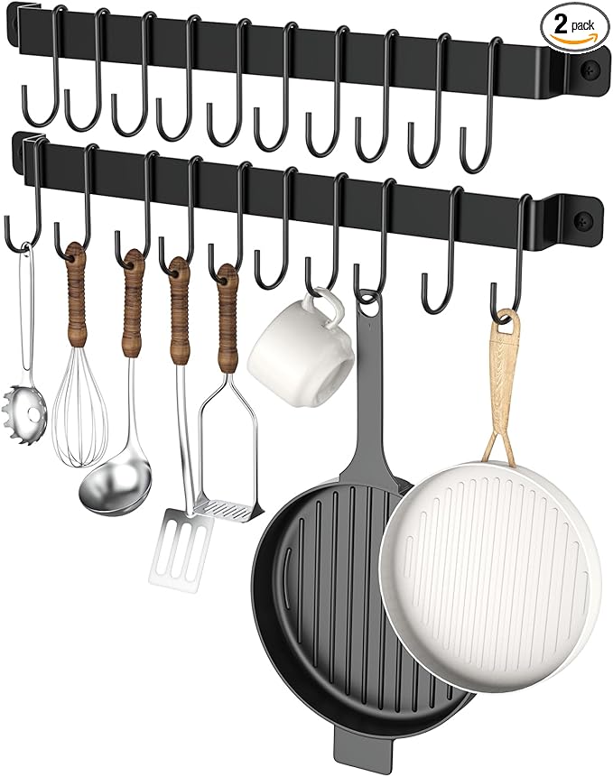 Kitchen Hanger Wall Mounted with 10 Hooks, Wrought Iron Kitchen Rail Utensil Holder Rack, Hanging Pots, Pans, Coffee Mug, Black, 17", 2 Pcs