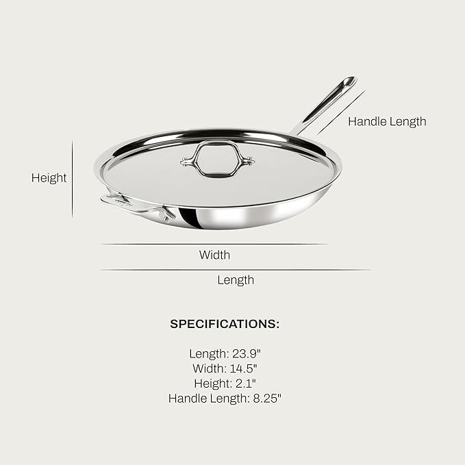 All-Clad D3 3-Ply Stainless Steel Fry Pan, 14 Inch, Induction, Oven Broiler Safe 500F, Lid Safe 350F, Pots and Pans, Cookware, Silver