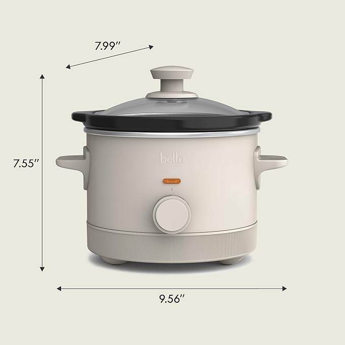 bella 1.5 Qt Slow Cooker with 3 Heat Manual Control, Ceramic Nonstick Coating, Dishwasher Safe Stoneware Pot and Tempered Glass Lid, Tangle Free Cord Wrap & Cool Touch Handles, Oatmilk