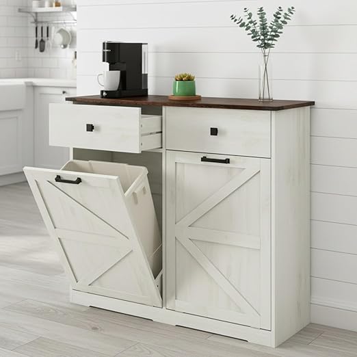 20 Gallon Double Tilt-Out Trash Can Cabinet,Wood Hidden Garbage Can Cabinet – Free Standing Recycling Cabinet Pet Proof Trash Can Holder with 2 Drawer for Kitchen Bathroom, Living Room,White