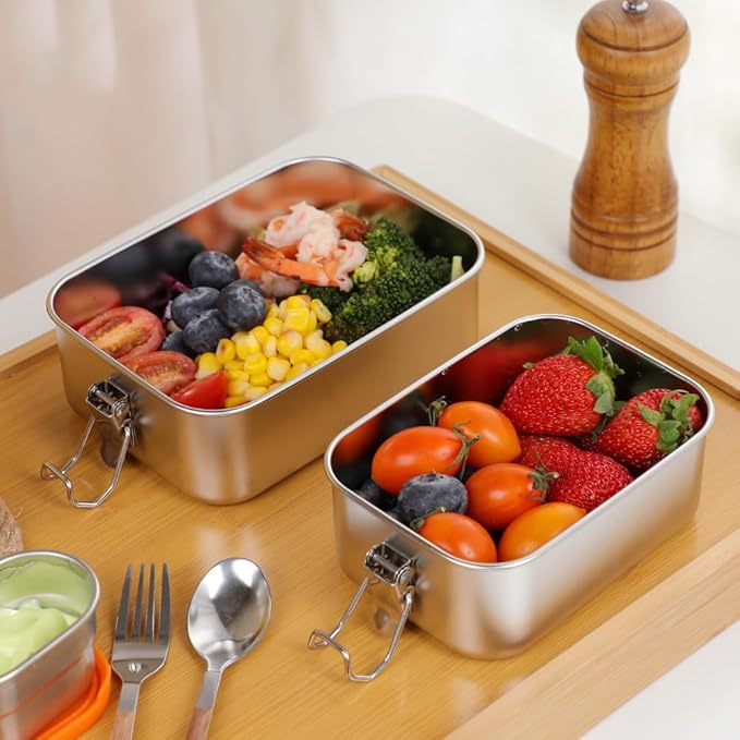 3-Pack 550ml (18.6 oz) Stainless Steel Bento Lunch Box Containers with Lids - Waterproof Metal Food Storage - Snack Prep Trays and Tiffin Carriers