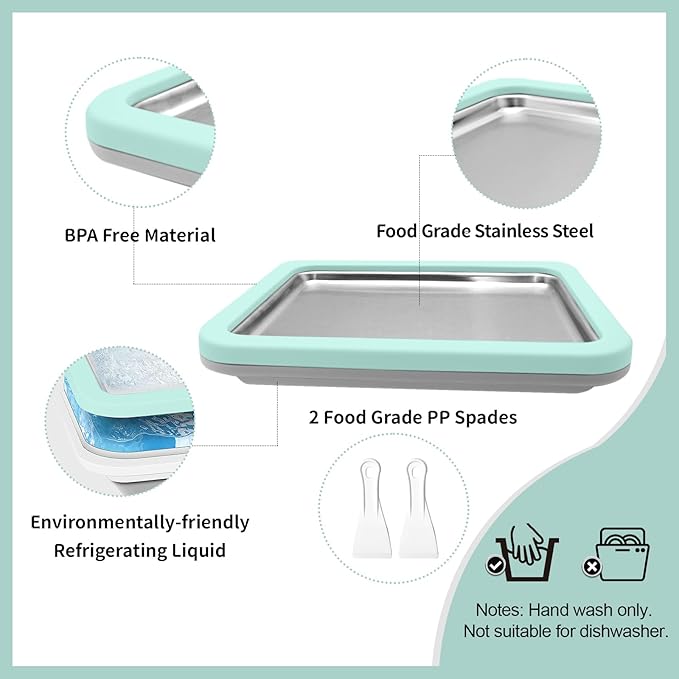 Rolled Ice Cream Maker, Instant Ice Cream Maker, Instant Gelato Pan/Roll, Homemade DIY for Fun Parent-Child Activities Families Mint Green