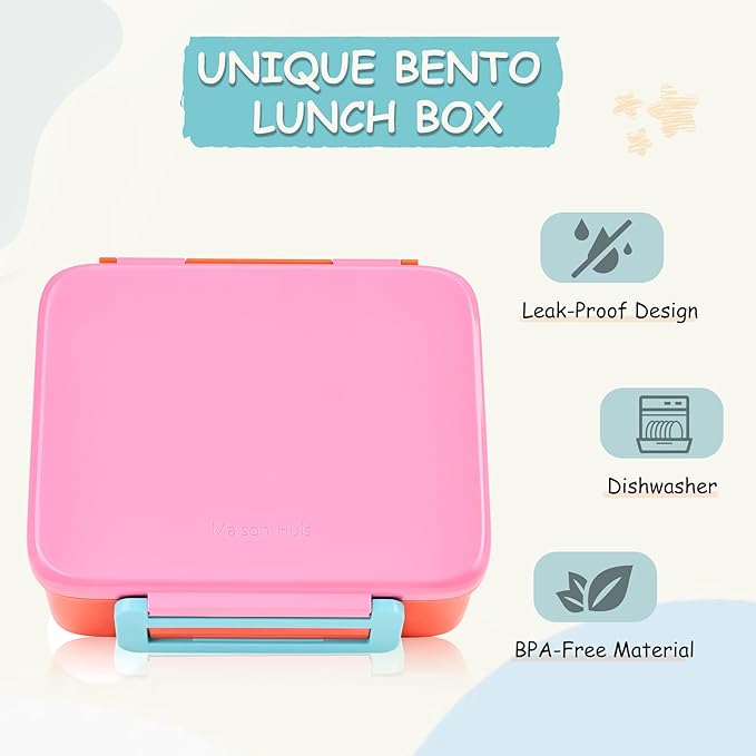 Bento Lunch Box for Kids with 8oz Soup Thermo Leak-Proof Lunch Food Containers with Snack Sauce Container for Kid Girls Boys to School,Pink
