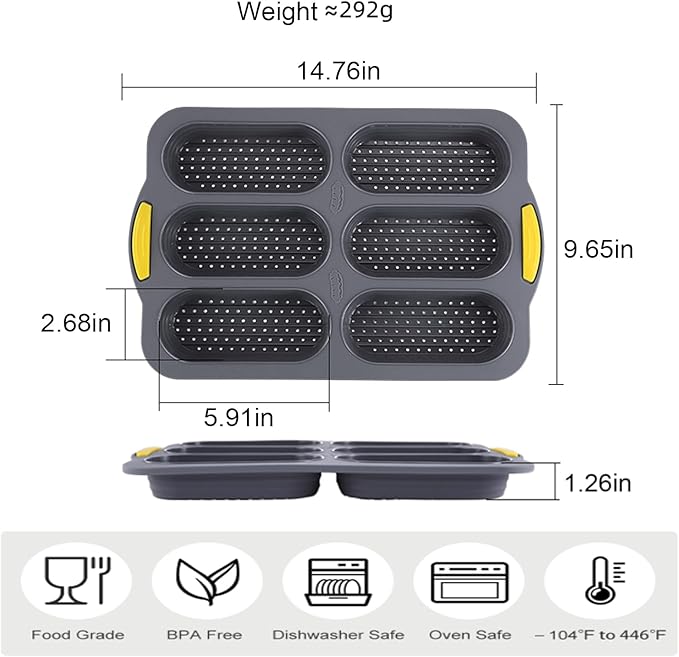 6-cavity Silicone Bread Loaf Pan, Nonstick Sourdough Loaf Pan & Heat Resistant Baguette Bread Pan, Bread Pans for Homemade Bread, Silicone Molds for Baking Hoagie Rolls, Hot Dog Bun