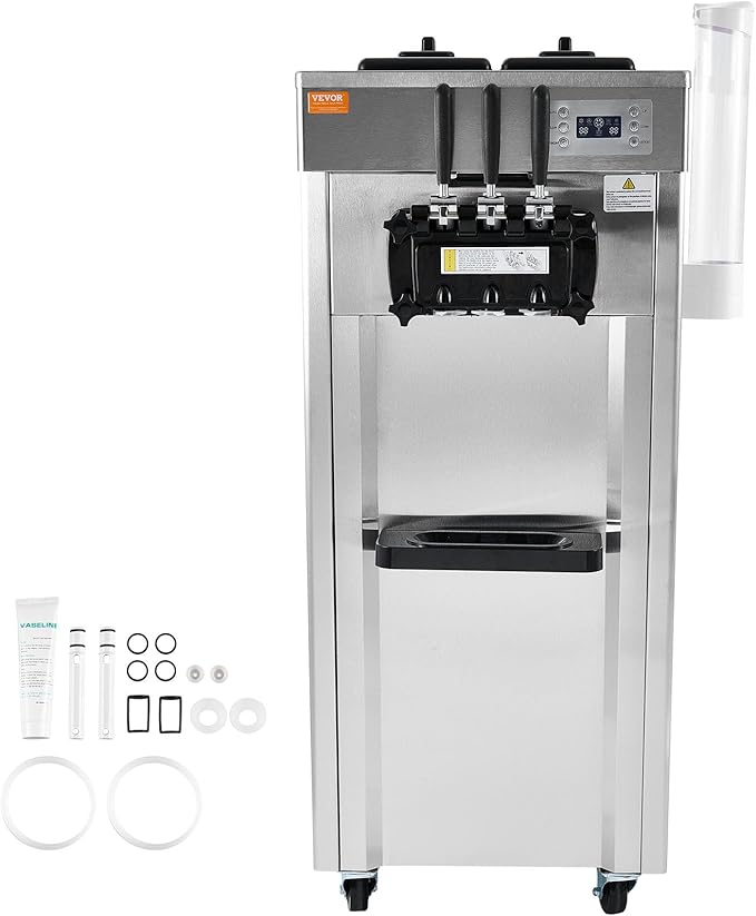 VEVOR 1850W Commercial Soft Ice Cream Machine 3 Flavors 5.5 to 8.2Gallon per Hour PreCooling at Night Auto Clean LCDPanel for Restaurants Snack Bar, Sliver