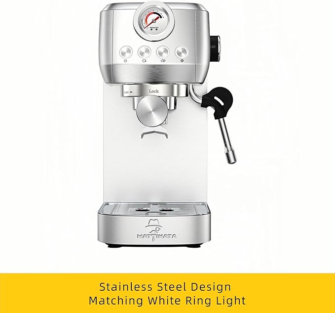 MAttinata CM1663 Espresso Machine, 20 Bar Compact Coffee Maker with Milk Frother Steam Wand for Cappuccino, Latte, Professional Pressure Gauge & 49oz Removable Water Tank for Home，Stainless Steel