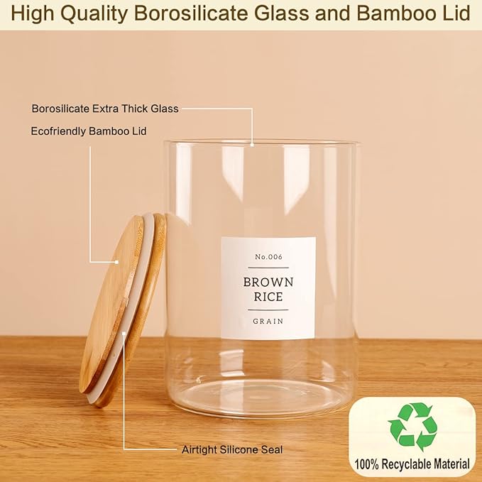 HHMJSM Large Glass Storage Jars With Airtight Bamboo Lid - 100 Fl Oz Thicken Kitchen Glass Food Storage Canister With 42 Pantry Labels - Big Clear Flour And Sugar Containers Farmhouse