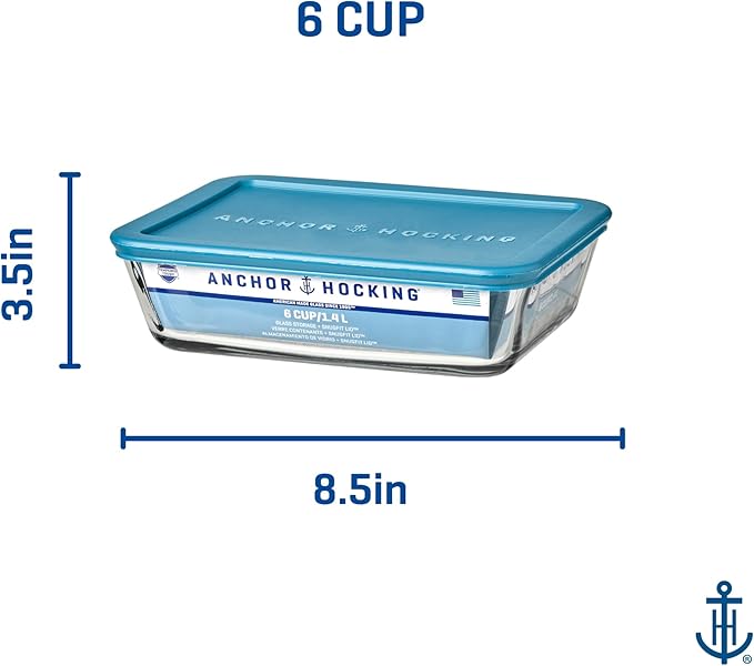 Anchor Hocking SnugFitTM Rectangular Food Storage Containers with Lids (4-Piece, 6-cup, Teal, oven-safe)