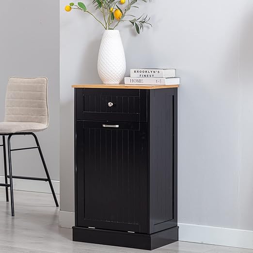 Gitua Tilt Out Trash Cabinet, Freestanding Wooden Kitchen Trash Recycling Cabinet with Drawer & Removable Cutting Board, Dog Proof Trash Can Cabinet, Black