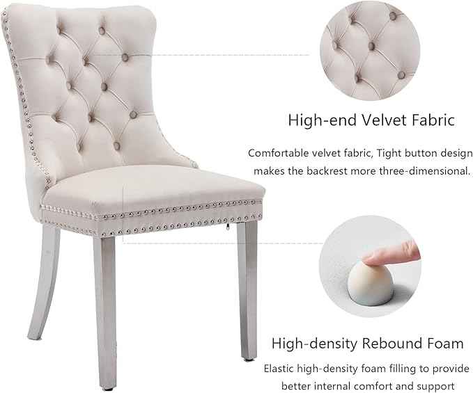 Velvet Dining Chairs Set of 6, Upholstered Dining Room Chairs with Back Ring Pull Trim and Sliver Stainless Steel Legs,Modern Kitchen Chairs Perfect for Dining Room,Living Room,Kitchen(Beige)