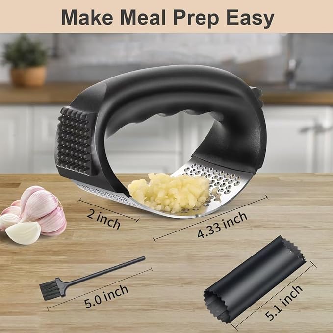 Garlic Press Rocker - Stainless Steel Garlic Mincer, Garlic Chopper, Garlic Crusher with Garlic Peeler and Cleaning Brush for Effortless Smashing Garlic.