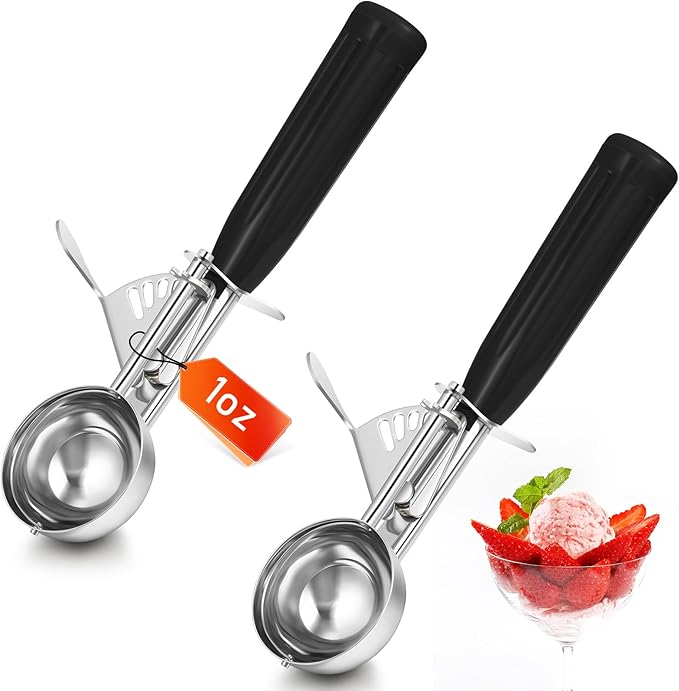 Reallnaive 2 Pcs Release Cookie Scoops Ice Cream Scooper with Trigger Release Portion Scoop Stainless Steel for Portion Control, Baking Food, Cookie Dough (1 oz,Black)