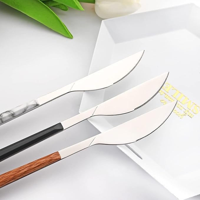 20 Piece (4 Set) Silver Stainless Steel Tableware With Wooden Handle, Wedding Cutlery And Daily Use, Silverware For Home Restaurant Party, Mirror Finished