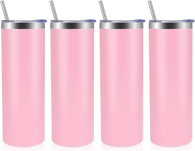 Volhoply 4 Pack Skinny Tumblers with Lid and Straw, 20oz Stainless Steel Straight Tumbler Bulk, Vacuum Insulated Coffee Mug for Home, Office, Travel, DIY (Pink,4 Pack)