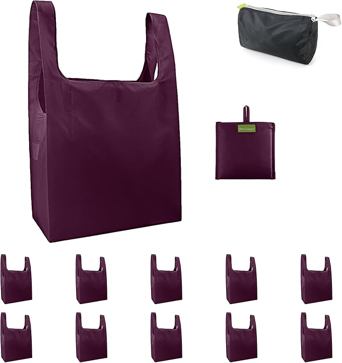 BeeGreen Burgundy Reusable Grocery Bags with Zipper Storage Pouch 10 Packs Wine Red Reusable Shopping Bags Bulk Foldable-Machine Washable