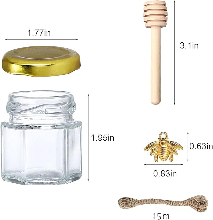 XING-RUIYANG 1.5 oz Hexagon Mini Glass Honey Jars -30Pack Honey Jars with Wood Dipper, Gold Lid, Bee Pendants, Jutes - Perfect for Baby Shower, Wedding Favors, Party Favors