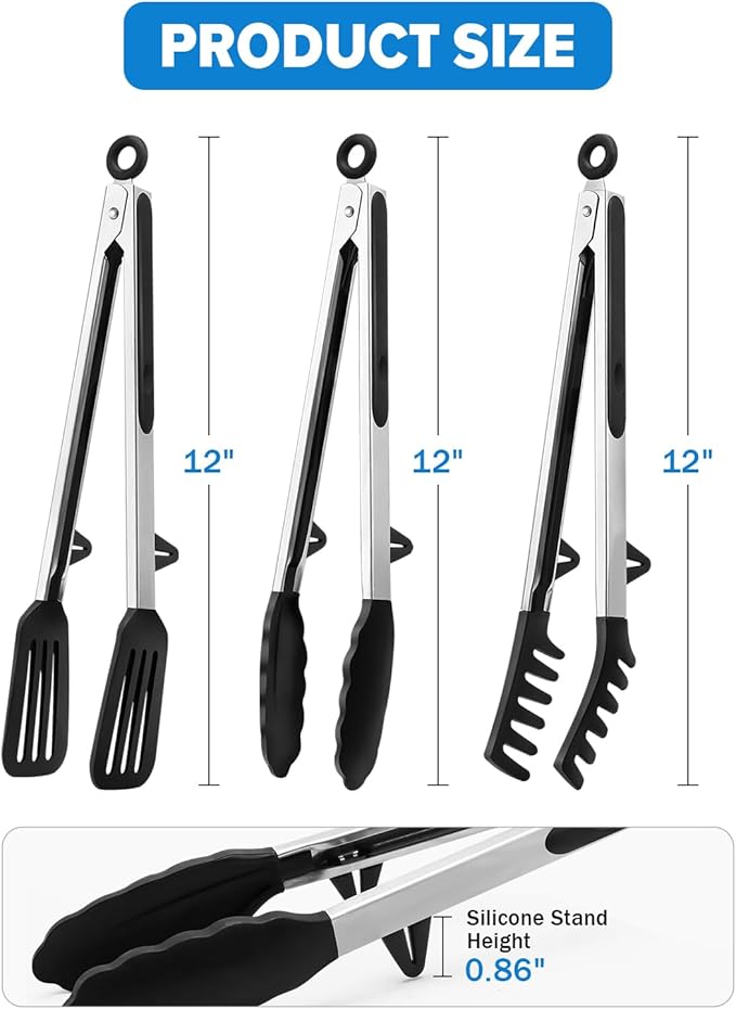 Kitchen Tongs for Cooking, 12 Inch Non Scratch Silicone Tip for Nonstick Cooking Pans, Food Grade Mini Serving Tongs, Pull Lock, Set of 3, Black