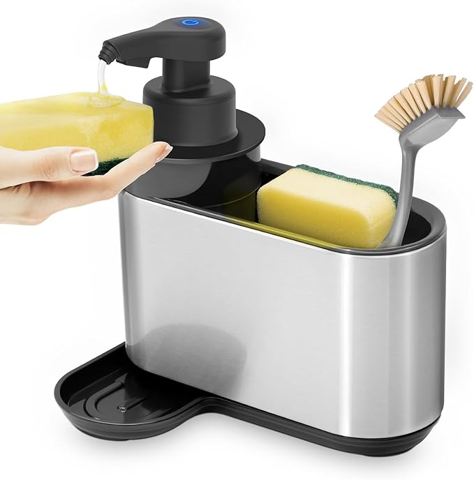 LAOPAO Automatic Soap Dispenser with Sink Caddy for Dishwashing, Auto Hand Soap Dispenser with Kitchen Sink Organizer Stainless Steel Touchless Soap Pump for Kitchen Xmas Gift