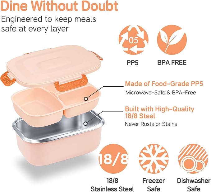 18/8 Stainless Steel Bento Box, Bento Lunch Box with Soup Bowl for Kids and Adults, Food Containers with Bag for Office or School, Pink