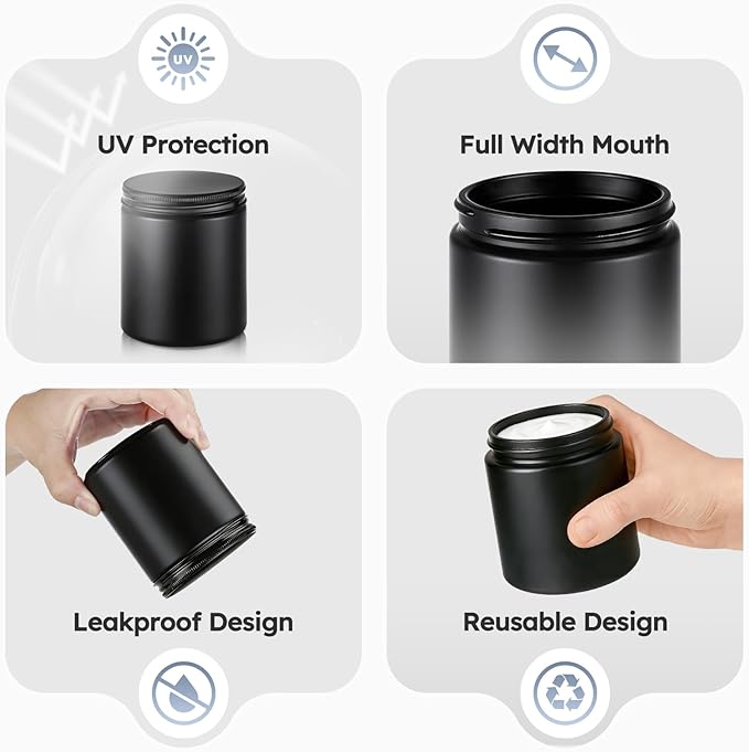 Tecohouse 8oz Black Glass Jars with Lids, 30 Pack Candle Jars with Blank Labels, 250g Wide Mouth | Lotion Container for Sample, Cream, Lotion, Honey, Powder, Jelly | Home & Beauty