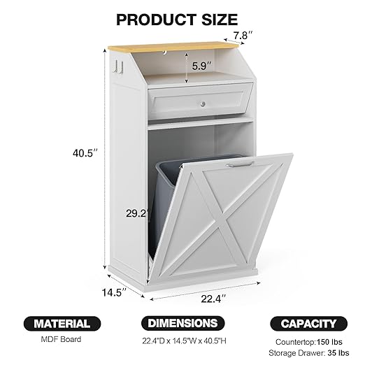 GAZHOME 13 Gallon Tilt Out Trash Cabinet, Upgrade Wooden Recycling Cabinet with Flip Door,White