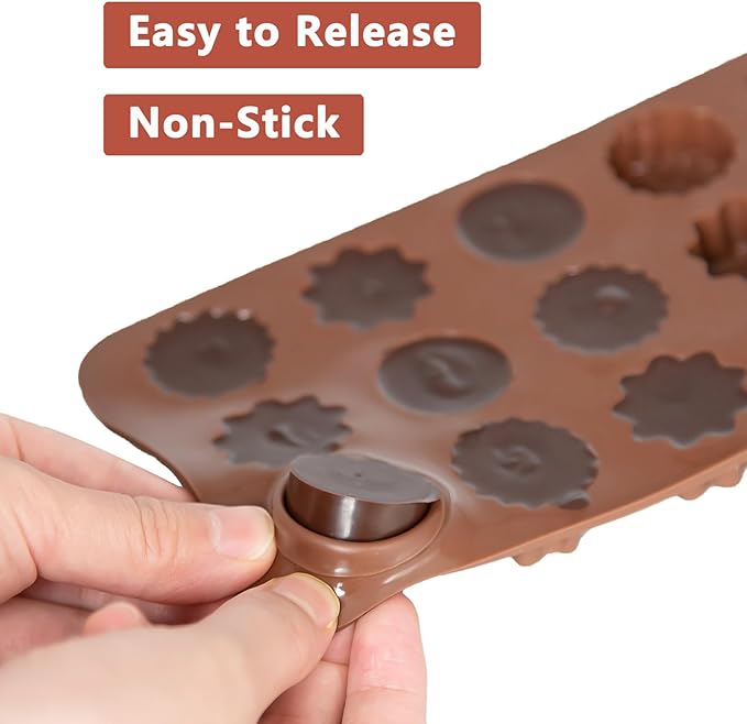 6 Pack Flower Shape Chocolate Candy Molds Silicone, Food-Grade Non-Stick Jelly & Baking Molds, Crayon Molds, BPA-Free, Including Heart, Rose, Tulip, Daisy, Sunflower, and Other Flowers (Brown)