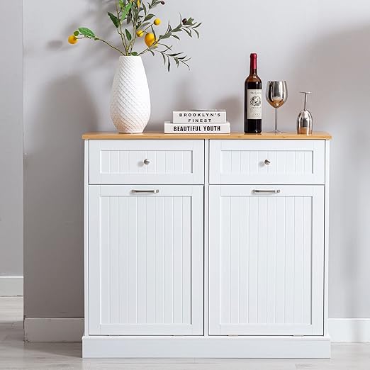 Gitua Double Tilt Out Trash Cabinet 20 Gallon, Freestanding Wooden Kitchen Trash Recycling Cabinet with Drawer & Removable Cutting Board, Dog Proof Trash Can Cabinet, White