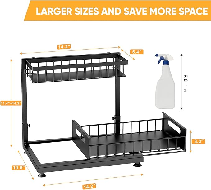 Saydear Under Sink Organizer Storage 2-Tier Premium Metal Pull-Out Racks, Height Adjustable, Easy Installation | Kitchen & Bathroom Organizers
