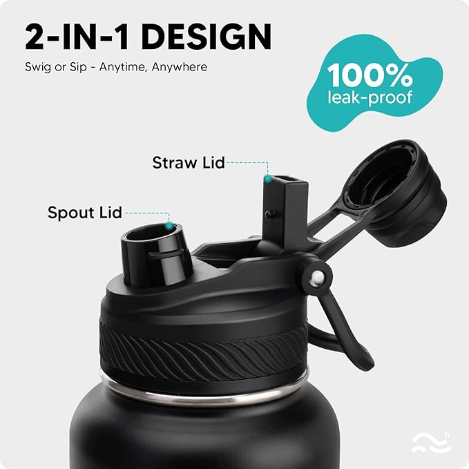 Swigina [2-IN-1 LID] Insulated Water Bottle with Silicone Boot (36hrs Cold/18hrs Hot) - DIY Stickers, Leakproof, BPA Free, 32 oz