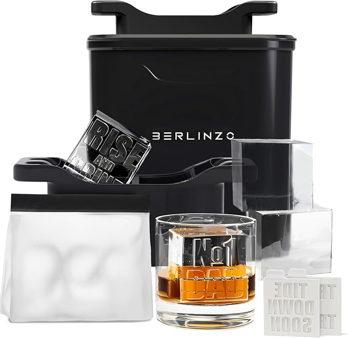 Berlinzo Premium Clear Ice Cube Maker with Conversation Ice Prints – 4 Large 2.1" Crystal Clear Ice Squares – Giftable Idea for Party, Game Night & Just for Fun – Includes Storage Bag (Non-Electric)