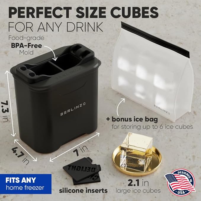 Berlinzo Premium Clear Ice Cube Maker with Conversation Ice Prints – 2 Large 2.1" Crystal Clear Ice Squares – Giftable Idea for Party, Game Night & Just for Fun – Includes Storage Bag (Non-Electric)
