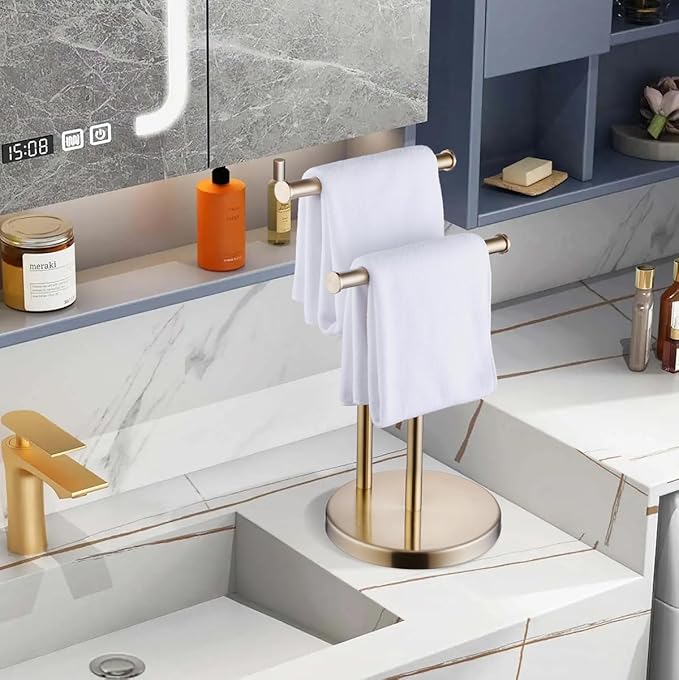 SHUNLI Hand Towel Holder Stand, Double T-Shape Hand Towel Stand Rack for Bathroom Countertop, SUS304 Stainless Steel, Brushed Gold