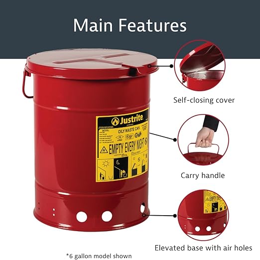 Justrite 6 Gallon Galvanized Steel Oily Waste Can, 16" x 12" Metal Oil Rag Safety Can with Hand Operated Self-Closing Lid for Oil Rag Disposal, Made in The USA, Red, 09110