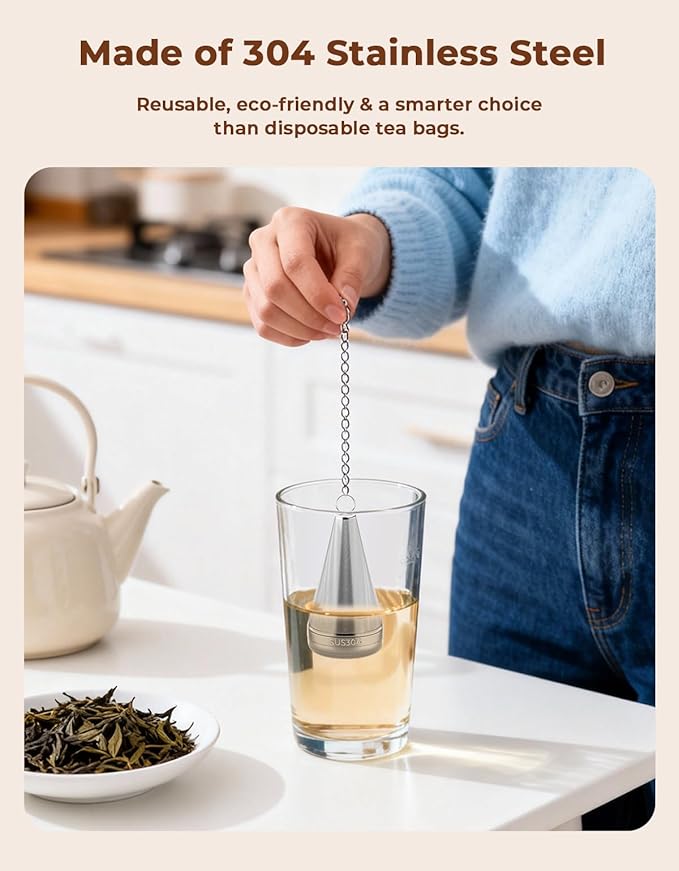 Cone Tea Infusers for Loose Leaf Tea, 304 Stainless Steel Tea Strainer Fine Mesh, 1.8” x 3” Loose Leaf Tea Steeper with a Drip Tray