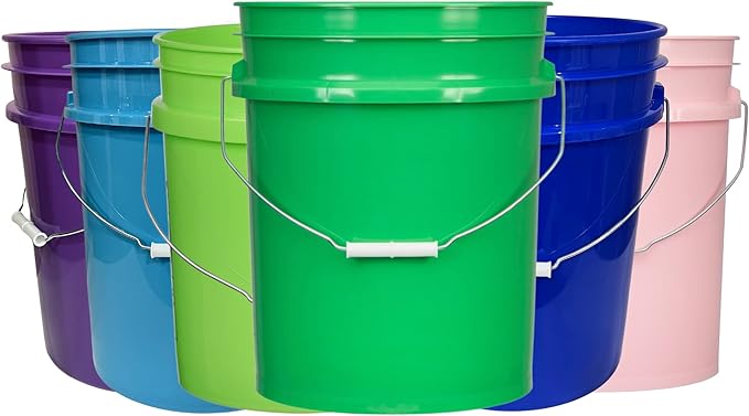 House Naturals 5 Gallon Food Storage Grade Plastic Bucket - Made in USA (Pack of 6 Color Buckets)