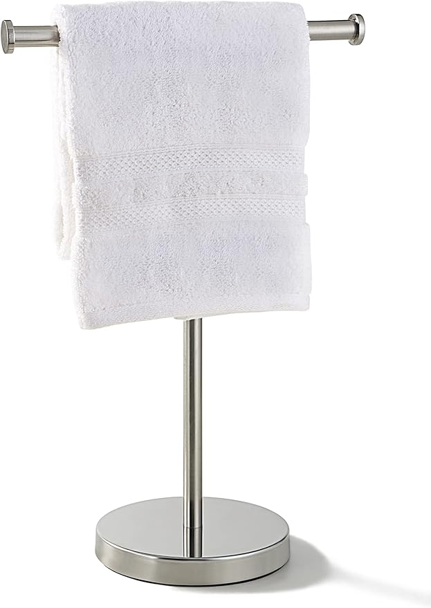 SunnyPoint Countertop Hand Towel Holder Stand – 16.5" Tall Stainless Steel T-Bar Rack with Weighted Base, Brushed Satin Nickel Finish – Jewelry Holder for Bathroom, Vanity, or Kitchen