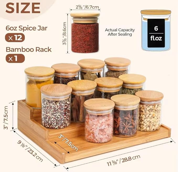 Bamboo Spice Rack Organizer with 12 Glass Jars - Premium Kitchen Cabinet & Countertop Complete Set - Eco-Friendly & Gift-Ready